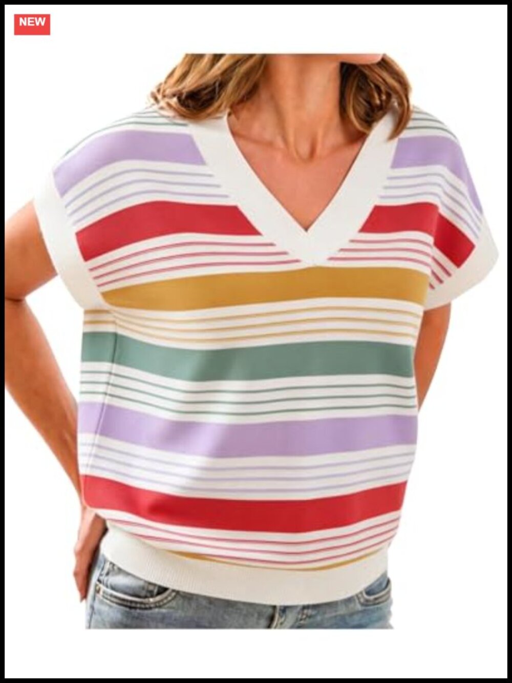 Striped Color Block Knit Sweater Vest Cap Sleeve V Neck Pullover